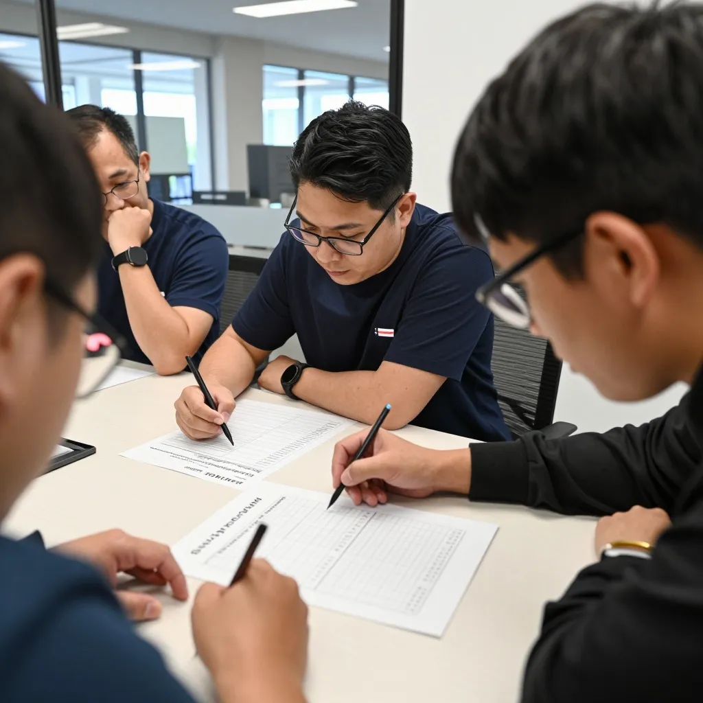 A cross-functional engineering team scoring a printed FMEA worksheet around a conference table