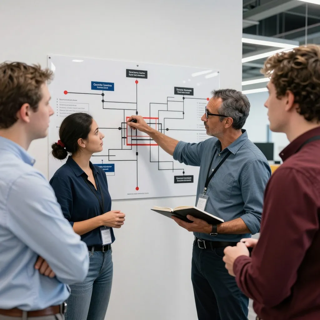 A mentor and two newcomers reviewing a role-based learning roadmap poster on a factory office wall