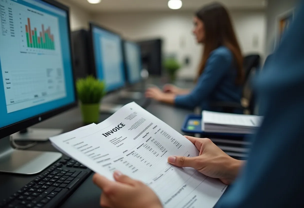 An accounts payable clerk matching an invoice against a purchase order at a desk