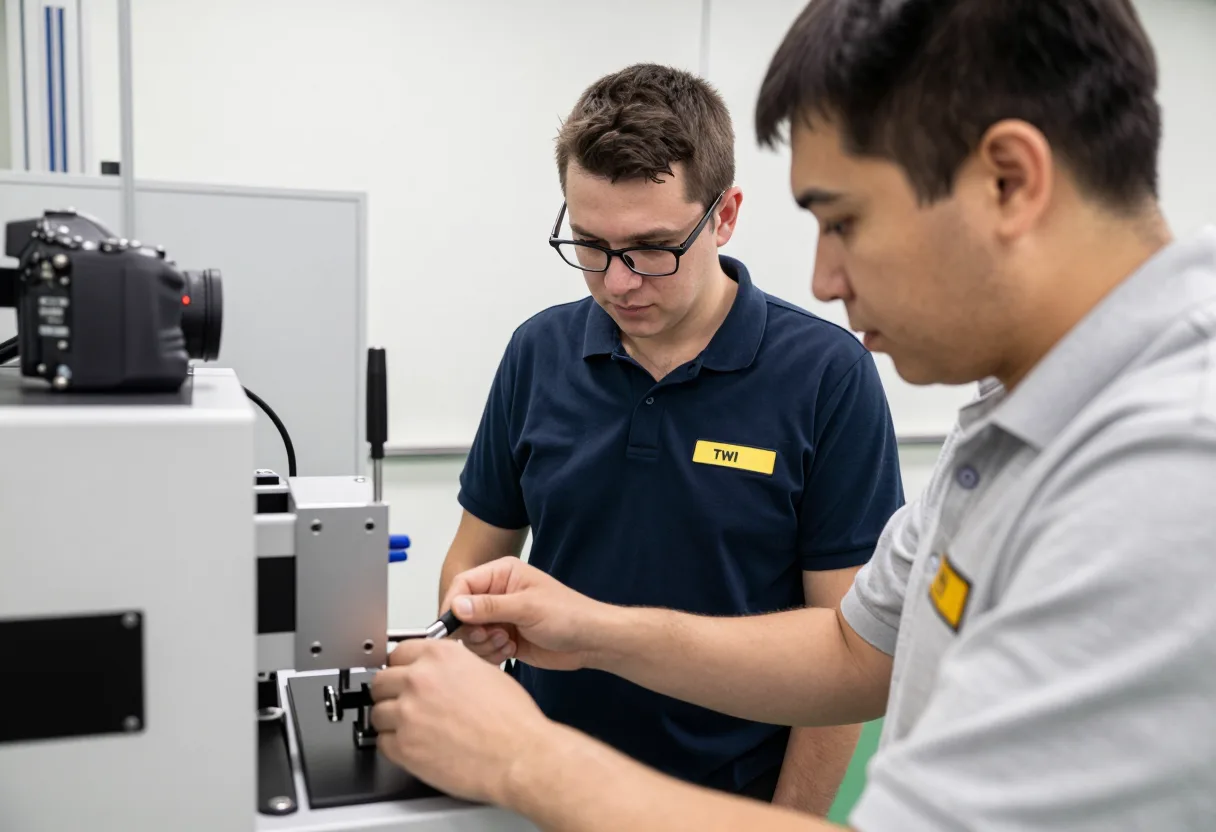 Experienced operator demonstrating a precise hand technique on a fixture to a trainee watching closely