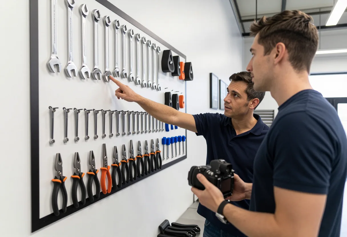 Trainer pointing at a specific tool on a labeled shadow-board pegboard while a trainee watches