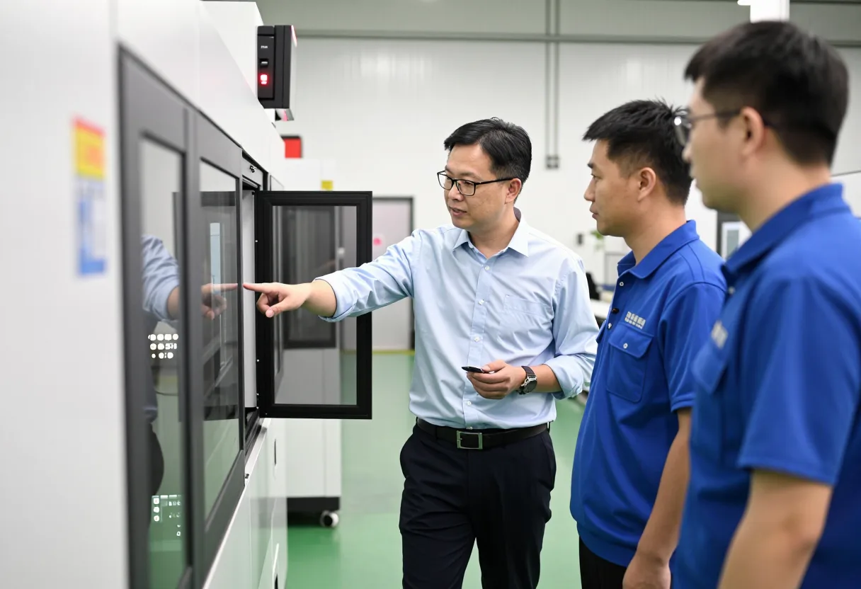 Manager and operators observing a running machine together during a gemba walk, listening rather than inspecting