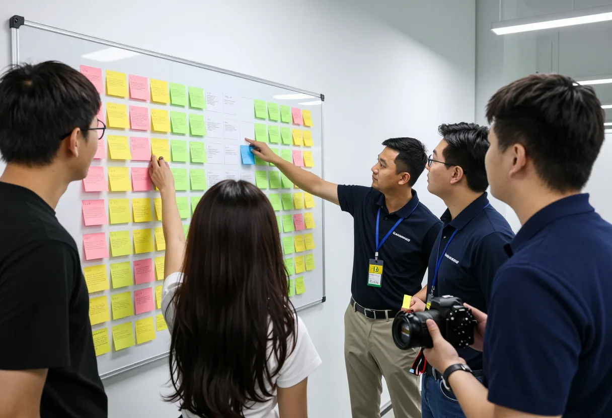 Team gathered around a visual Kaizen board covered in colored sticky notes during a morning huddle