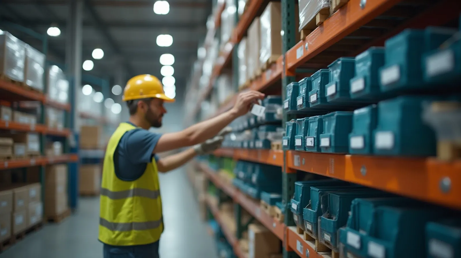 A warehouse worker retrieving a kanban card from a wall-mounted rack next to stacked bins