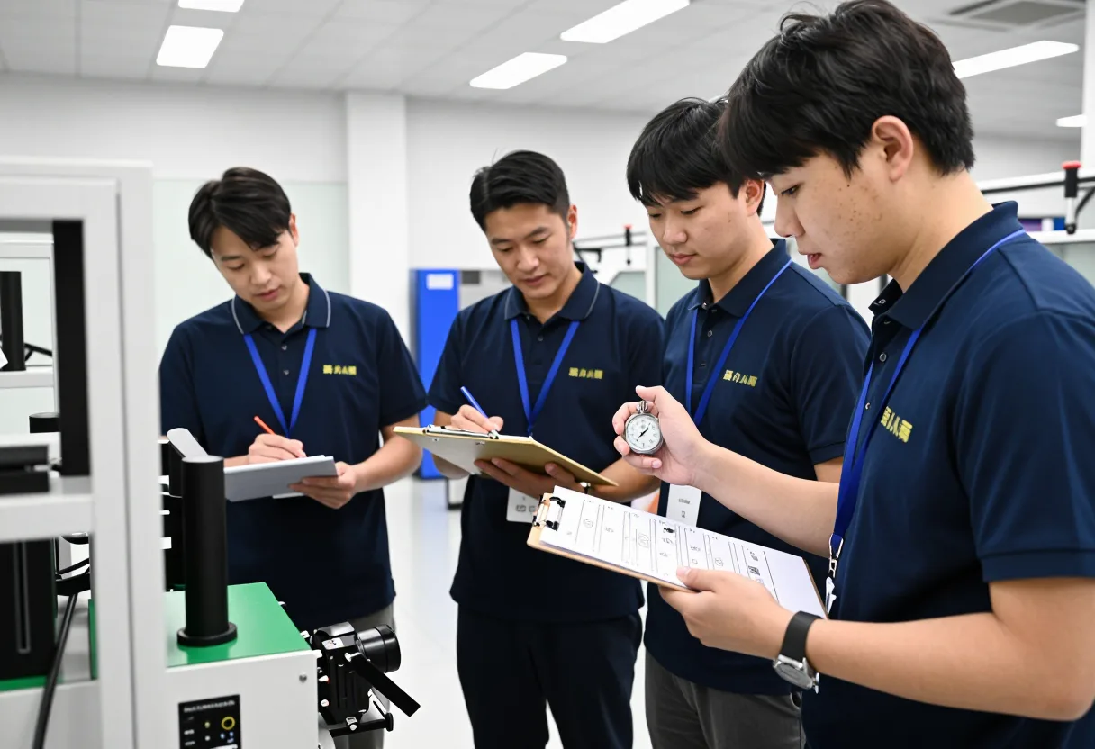 Kaizen event team timing a work cycle with a stopwatch while others observe and note the process