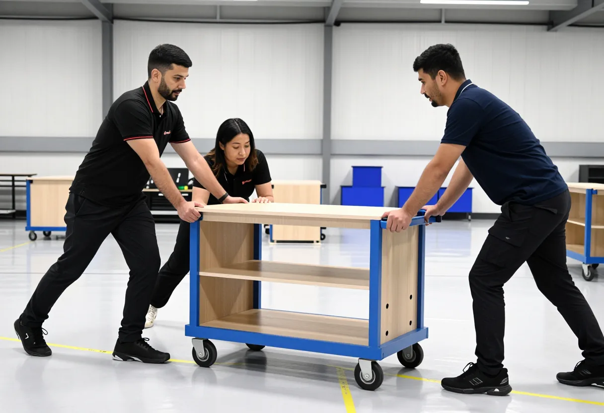 Kaizen event team physically pushing a workstation cart into a new taped floor position to trial a layout change