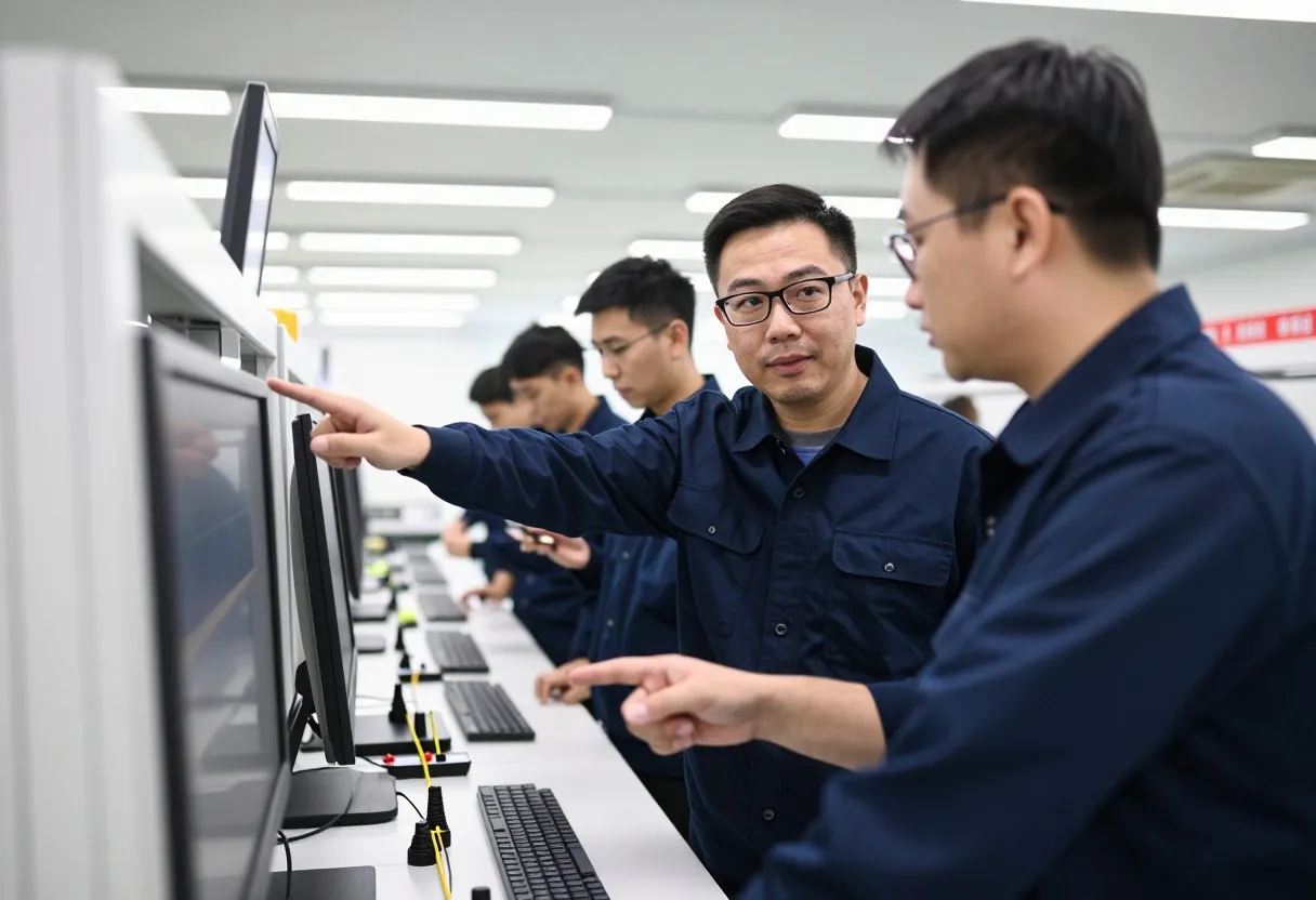 Plant manager coaching a line supervisor at a workstation on the production floor by asking questions