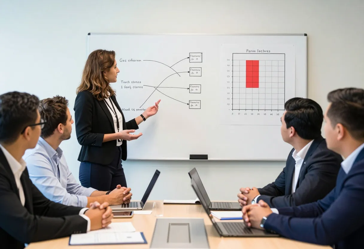 Quality leader facilitating a cross-functional team meeting at a whiteboard with a fishbone diagram and Pareto chart