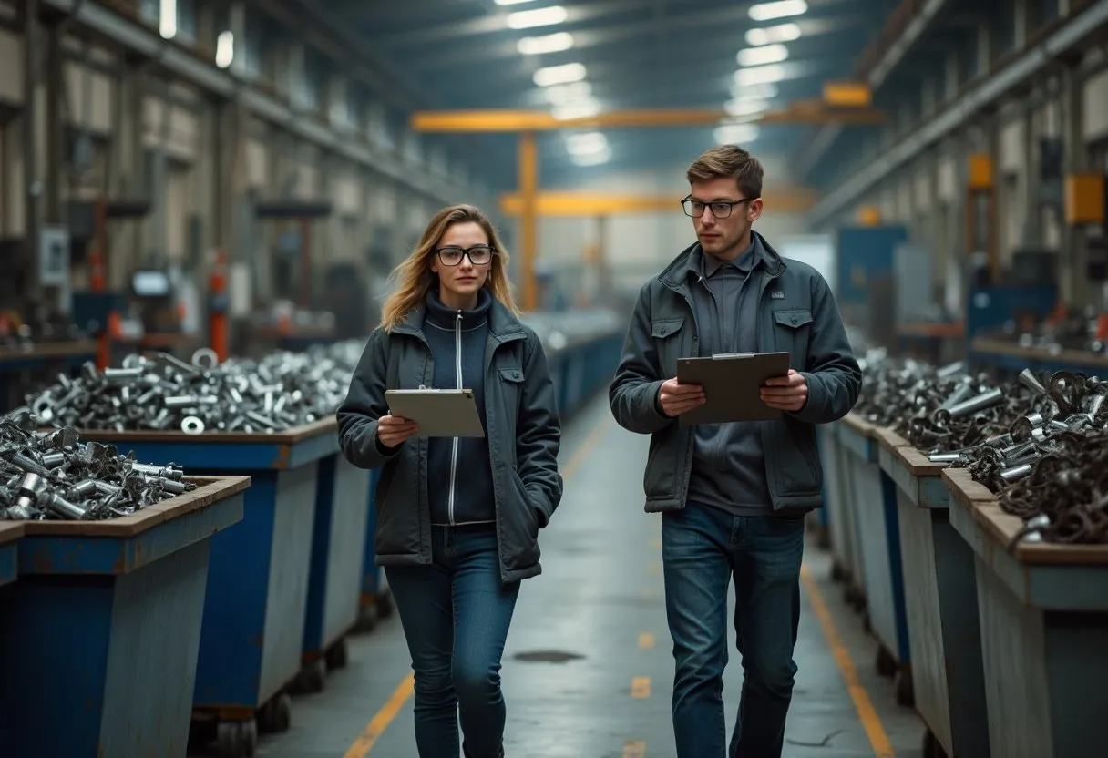 Two people on a waste walk through a machine shop looking at scrap bins of metal offcuts