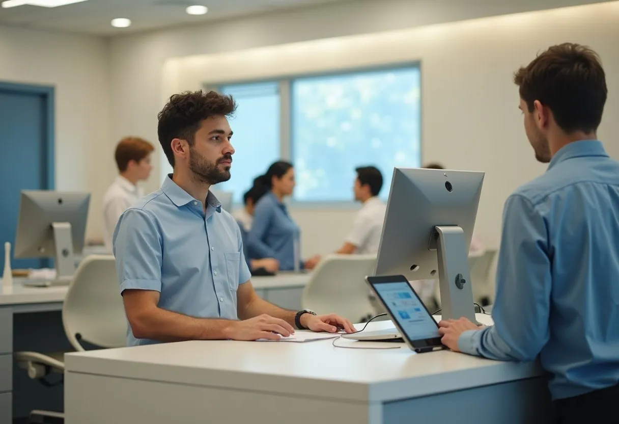 A clerk helping a citizen at a public service counter in a modern government office
