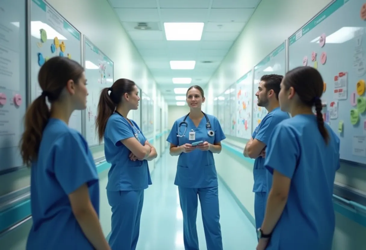 A hospital nursing team holding a brief huddle in front of a unit board in a corridor