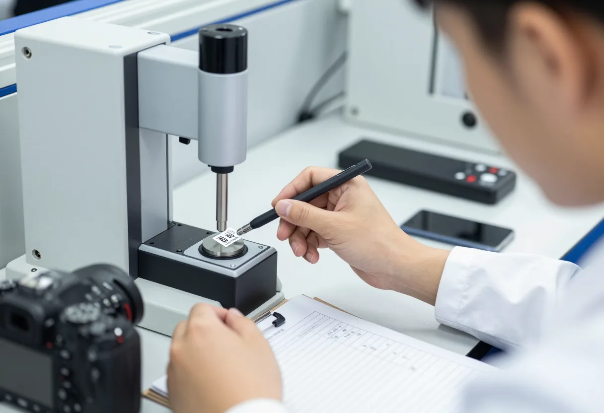 Quality technician checking a calibration sticker on a precision measurement gauge and marking a calibration log