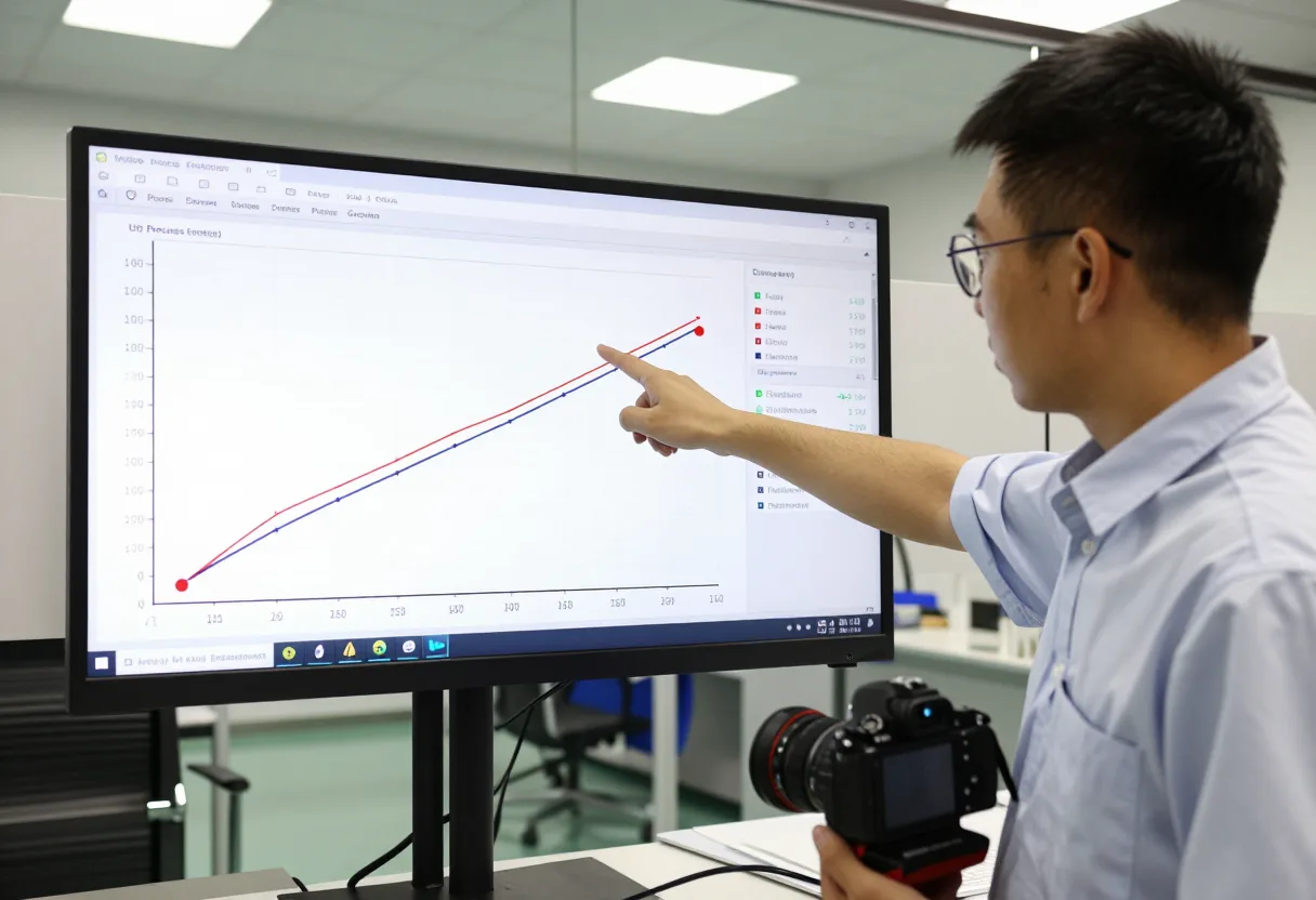 Quality engineer pointing at a rising point on a statistical process control chart displayed on a wall-mounted monitor