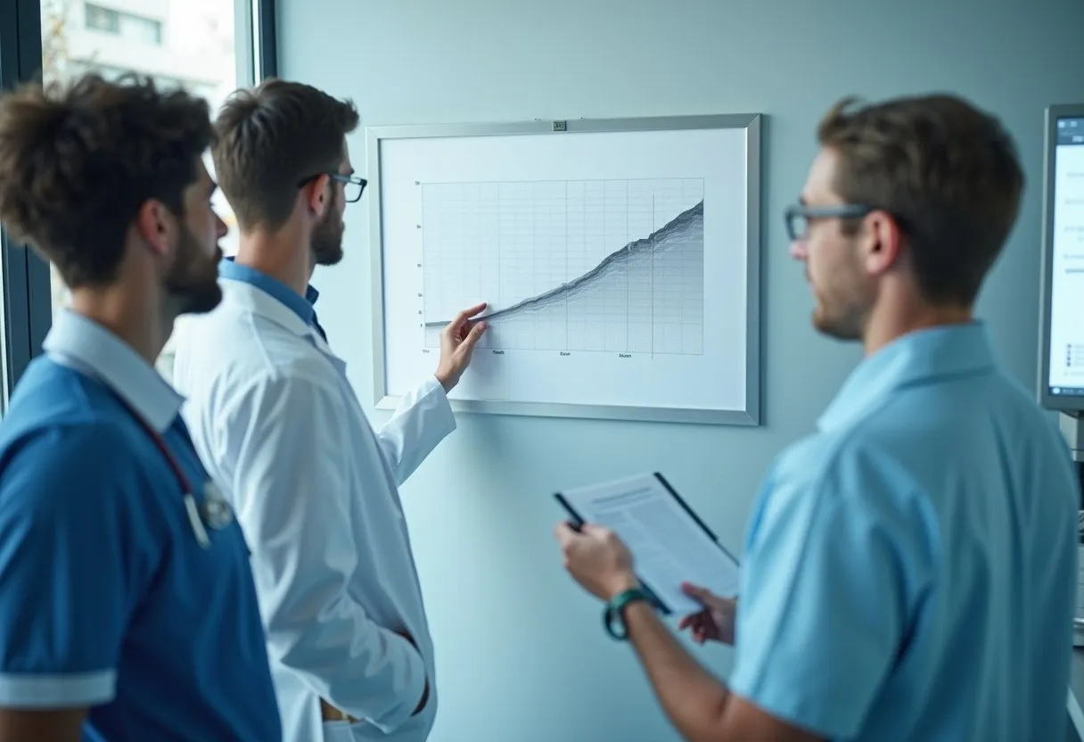 Healthcare colleagues reviewing a run chart on the wall to decide what the test showed