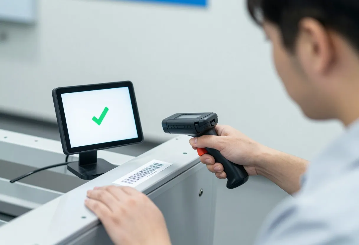 Production operator scanning a barcode on a component with a handheld scanner before installing it