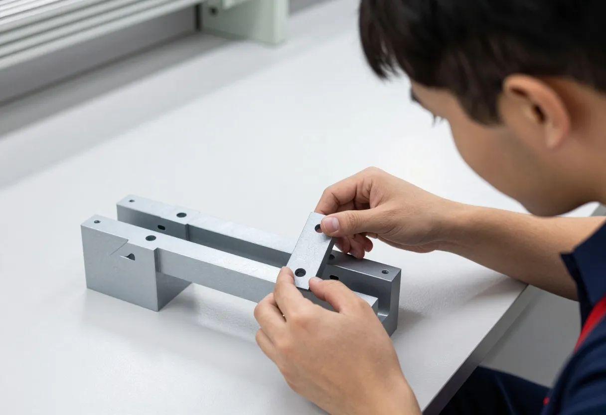 Assembly worker placing a metal bracket into a custom nest fixture shaped to only accept one orientation
