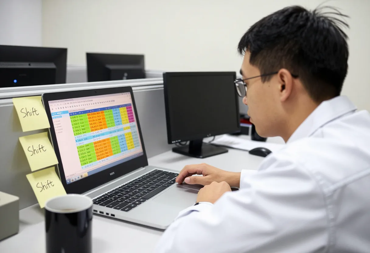 Quality engineer cross-referencing defect data by shift on a laptop, with shift-labeled sticky notes on the desk