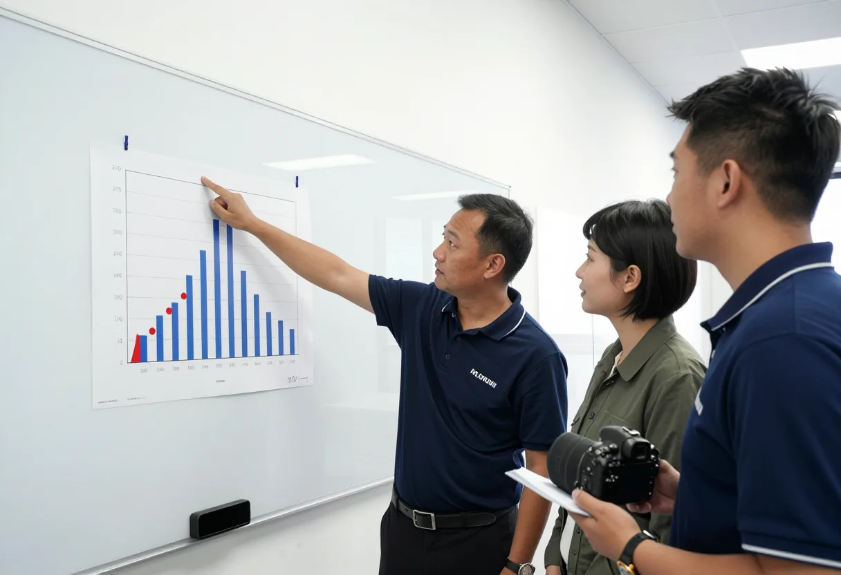 Team reviewing a printed Pareto chart on a whiteboard, pointing at the tallest bar