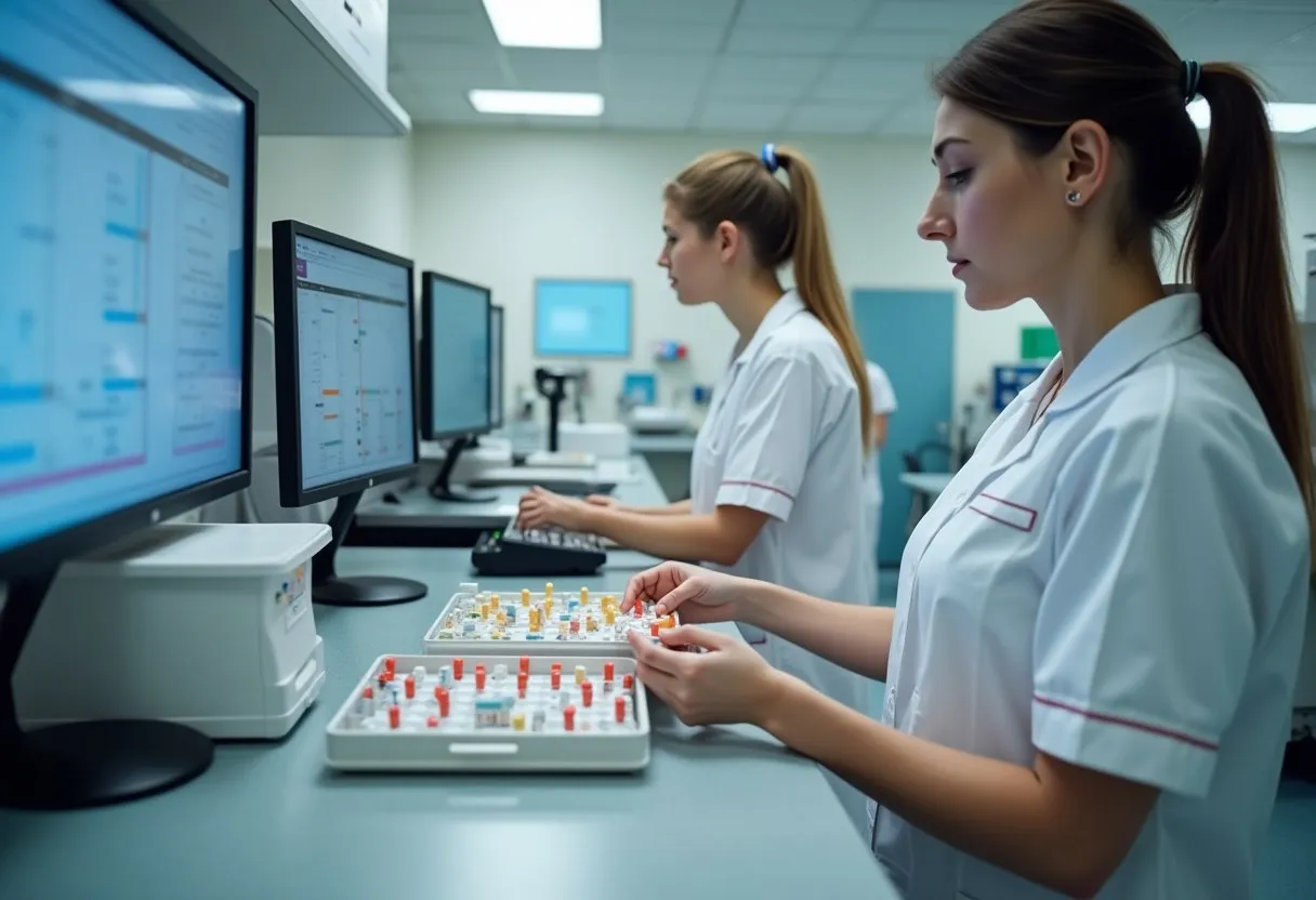 Two nurses performing an independent double check of a medication tray at a hospital medication room counter