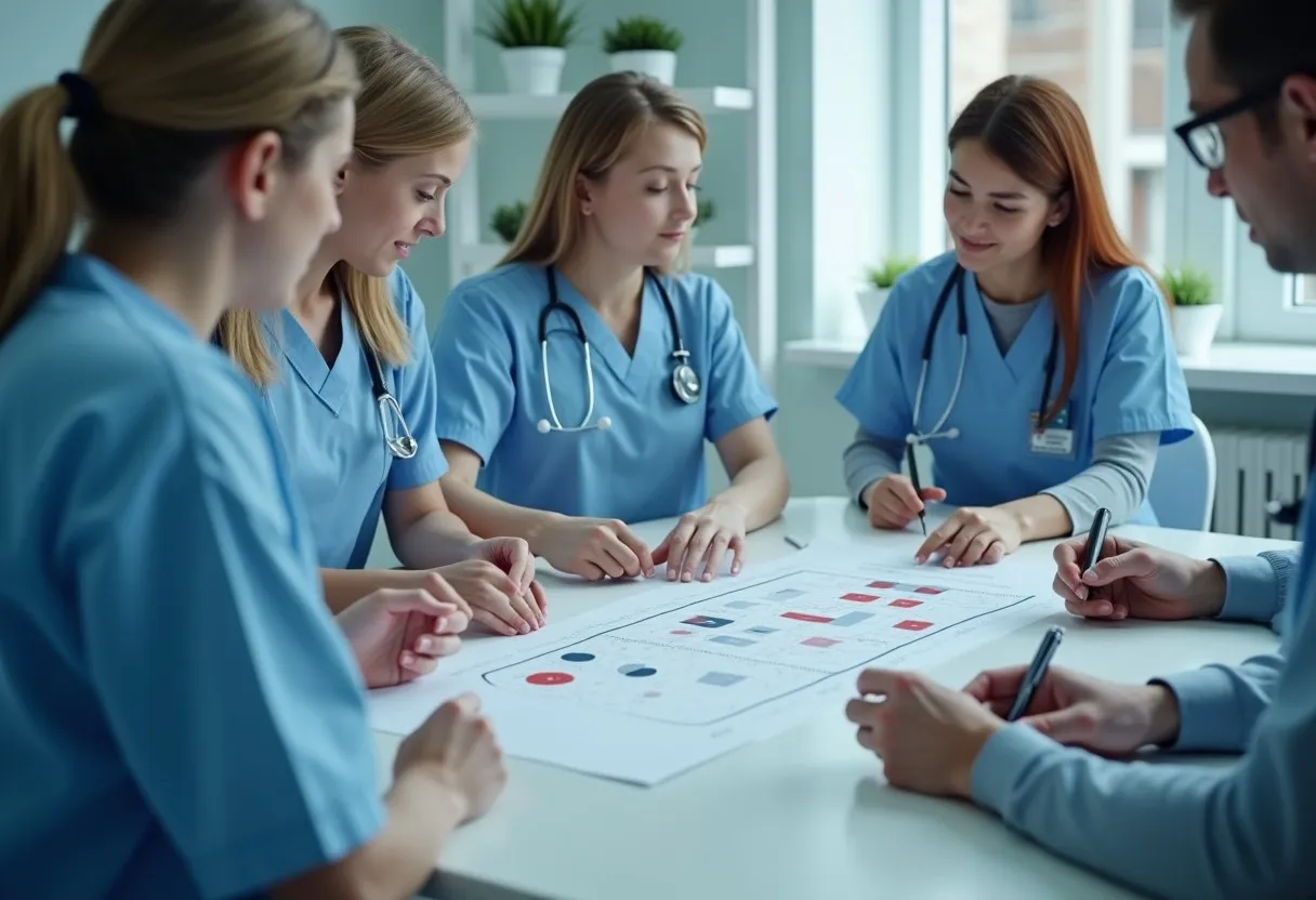 A multidisciplinary hospital team reviewing a process diagram to identify where care could fail