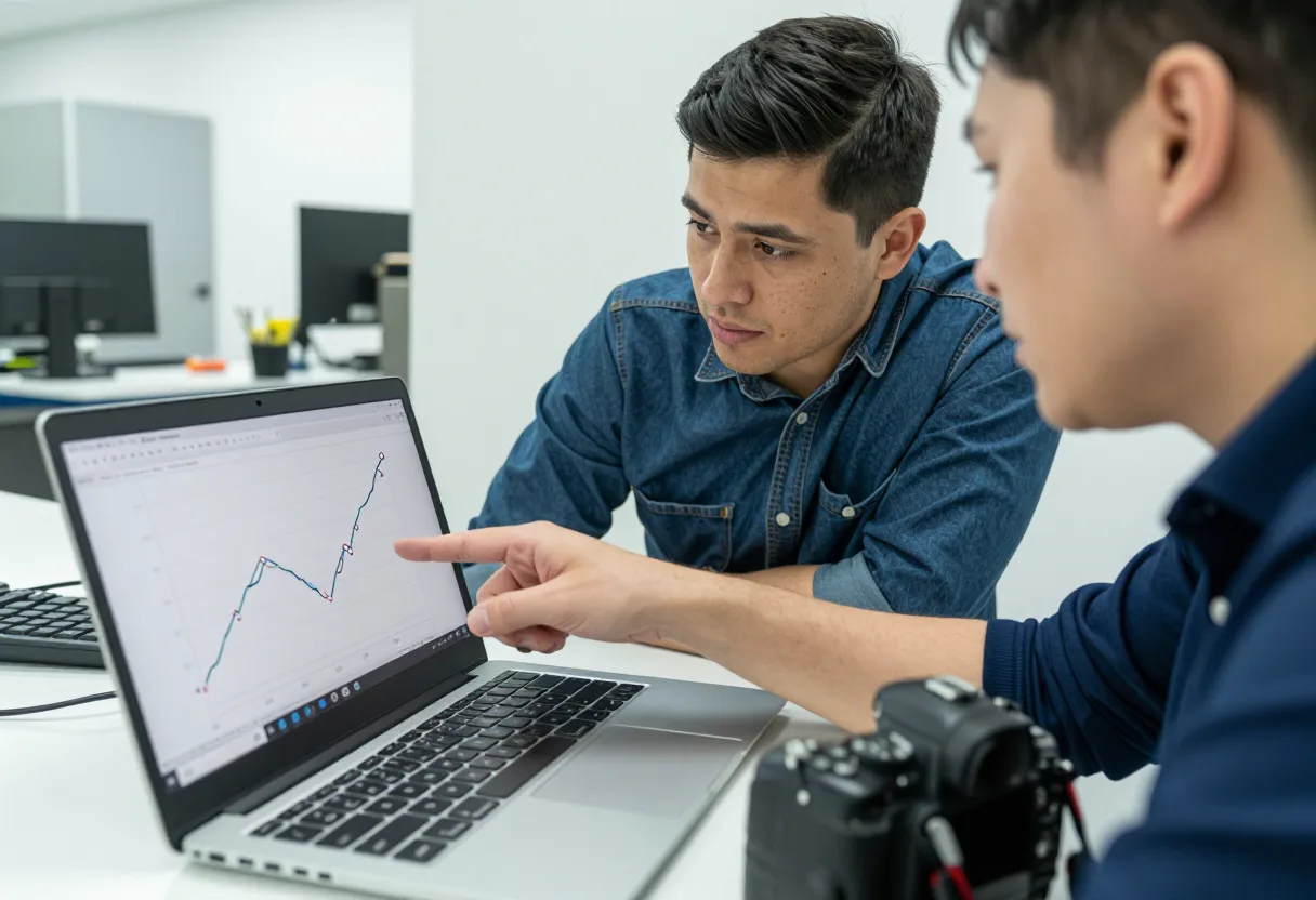 Two engineers comparing a before-and-after run chart on a laptop, checking pilot results against the target