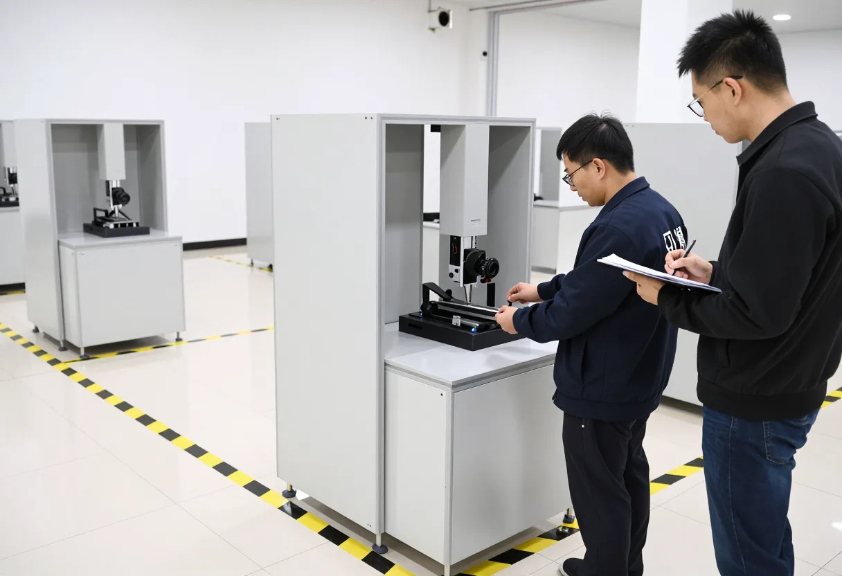 Operator testing a modified fixture at one workstation marked off with hazard tape while a supervisor observes and takes notes