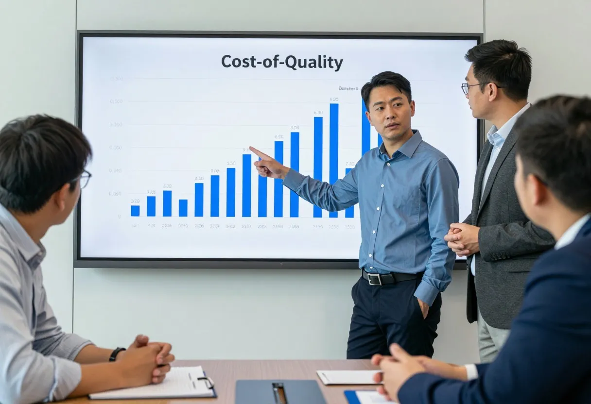 Finance leader and quality manager reviewing a cost-of-quality bar chart on a screen in a meeting room