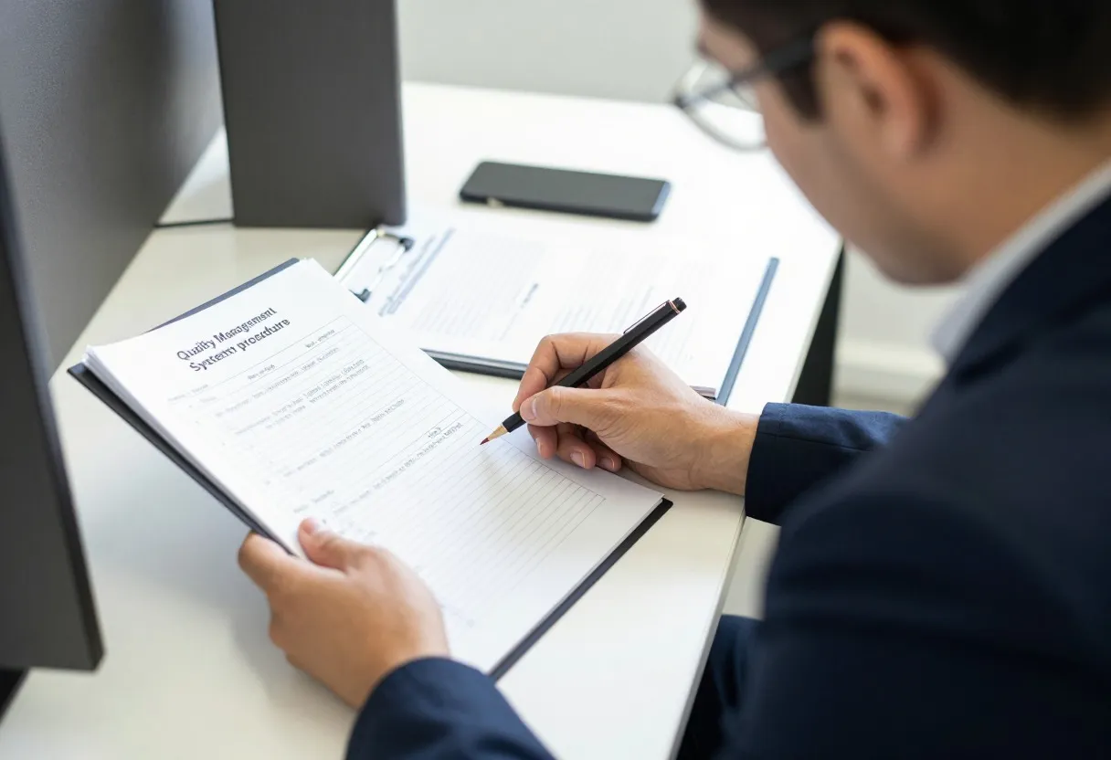 Internal auditor reviewing a QMS procedure binder against a checklist at a desk