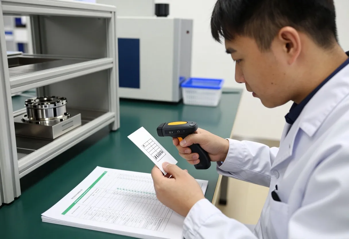 Quality inspector scanning a serialized part label with a handheld barcode scanner next to a traceability logbook