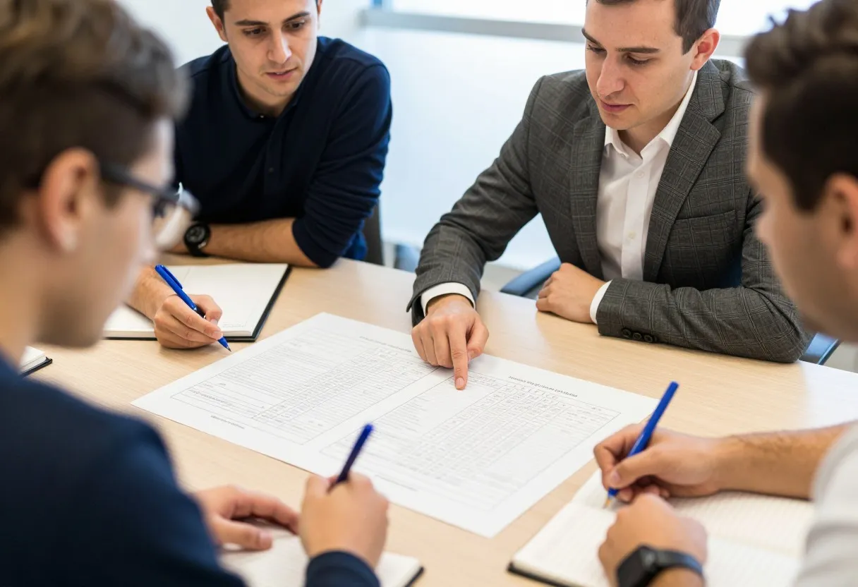 Cross-functional team reviewing a printed two-by-two supplier segmentation matrix chart on a conference table