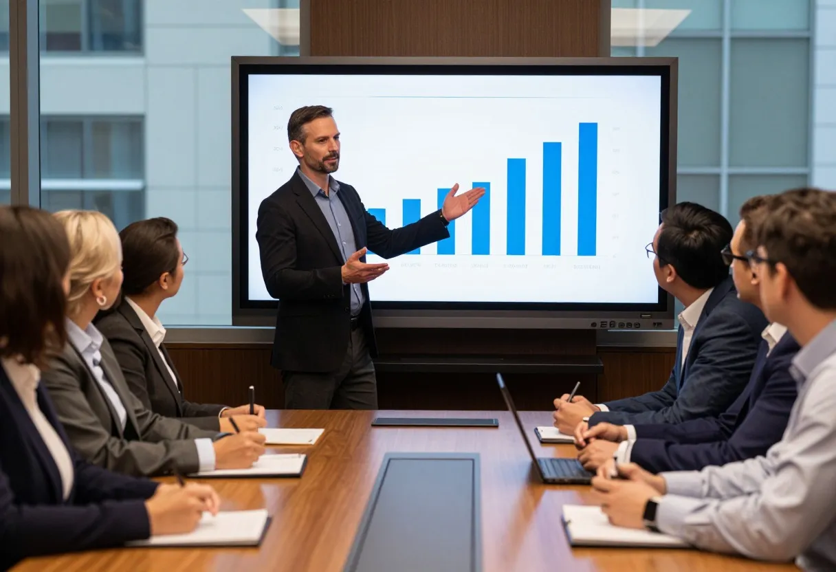 A supply chain executive presenting a financial summary chart to senior leaders in a boardroom