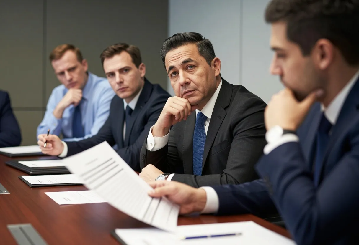 Cross-functional finance, sales, and operations executives in a serious S&OP governance discussion around a conference table