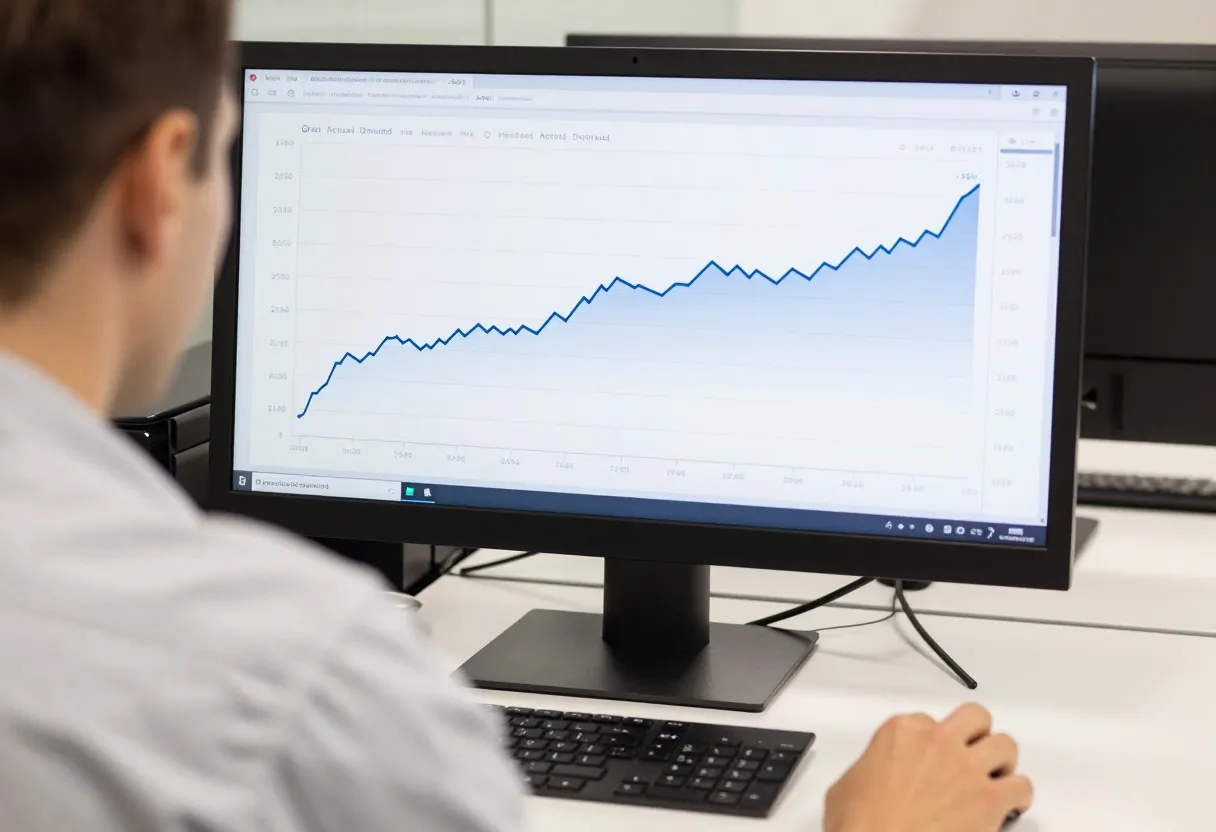 Demand planner reviewing a forecast line chart with a forecast line and an actual demand line on a monitor