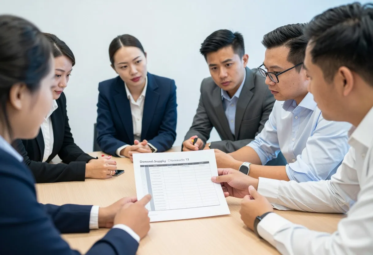 Cross-functional executive team in an S&OP meeting reviewing a printed demand-supply summary