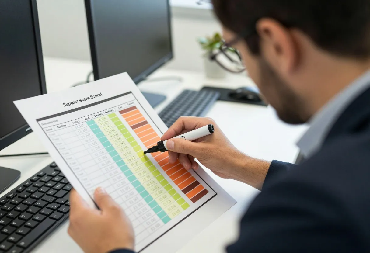 Procurement manager reviewing a printed supplier scorecard with color-coded quality, delivery, and cost rating bars