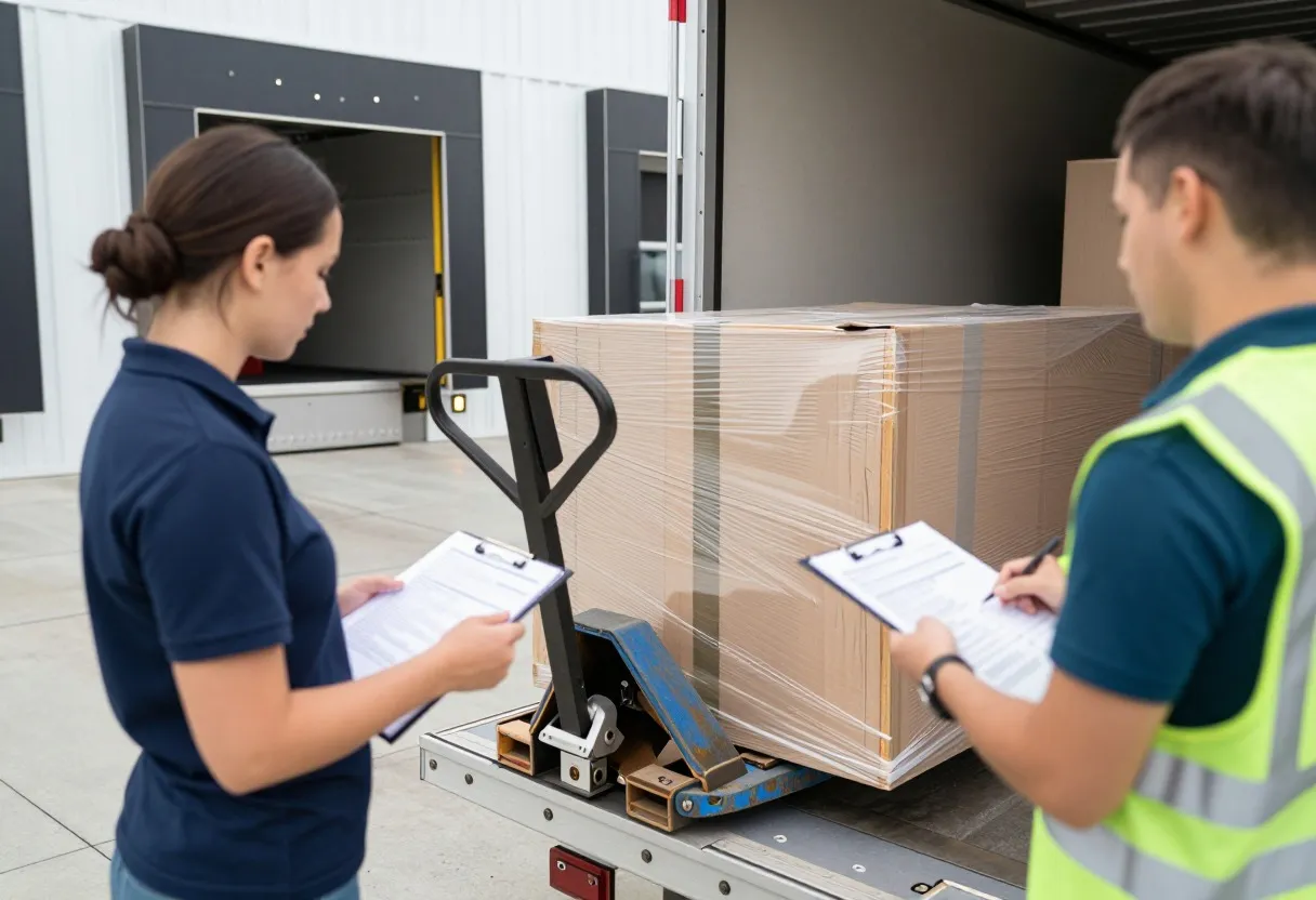 Warehouse worker using a pallet jack to load a shrink-wrapped pallet onto a truck trailer at a loading dock