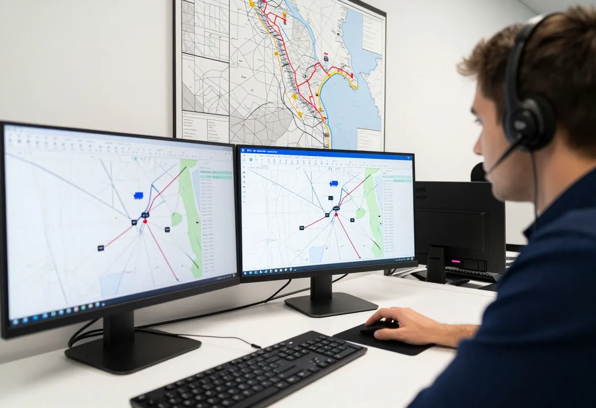 Logistics dispatcher at a desk with two monitors showing a shipment tracking map with route lines and truck icons