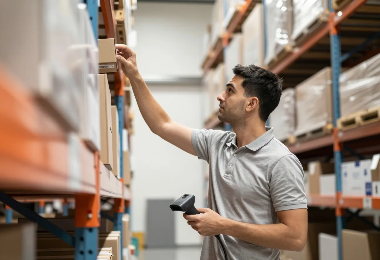 Warehouse picker reaching for a box at chest height on a pallet rack shelf with a handheld scanner