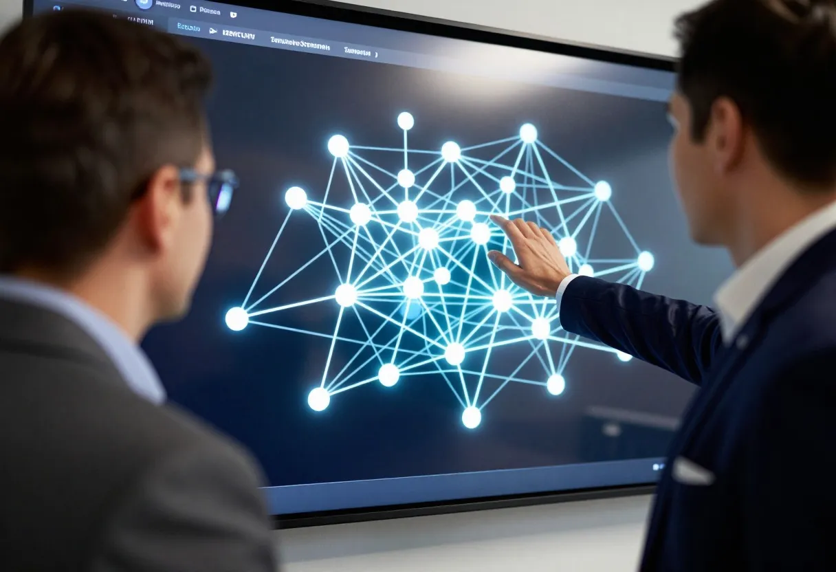 Two supply chain engineers reviewing a glowing network map simulation on a large interactive touchscreen display