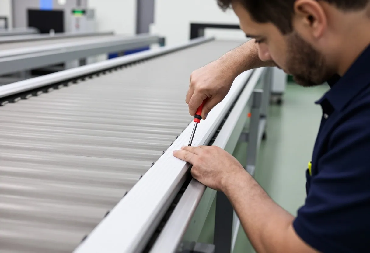 Maintenance technician installing a low-friction UHMW polyethylene strip on a conveyor side rail