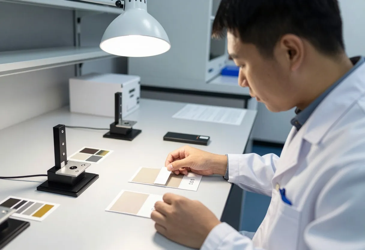 Quality engineer comparing two label substrate samples under a work lamp during a durability DOE test