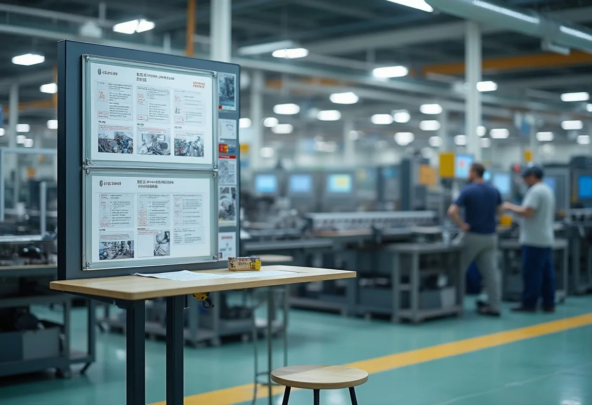 Factory standard-work instruction board with posted process-step cards beside a production line