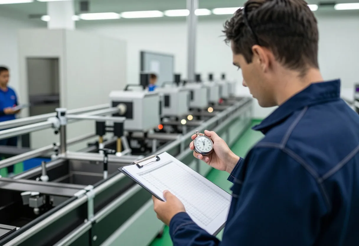 Process engineer timing a workstation cycle with a stopwatch and observation sheet on the production floor