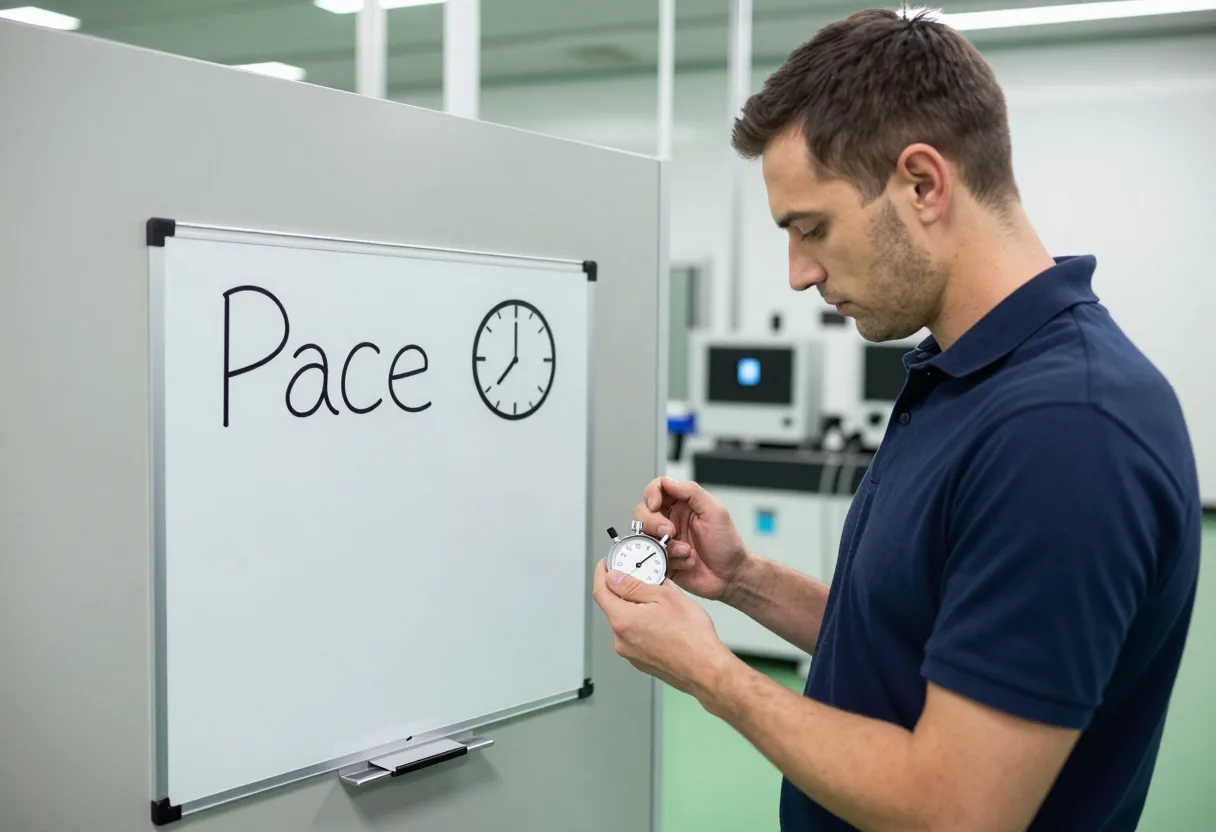 Industrial engineer timing a production station with a stopwatch next to a whiteboard labeled Pace