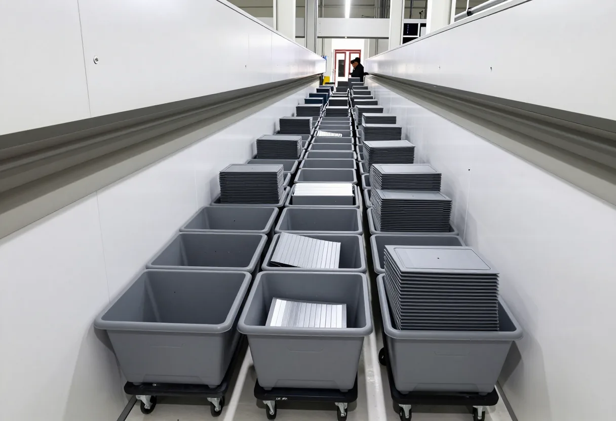 Long queue of work-in-process bins stacked on rolling carts waiting in a factory aisle between stations