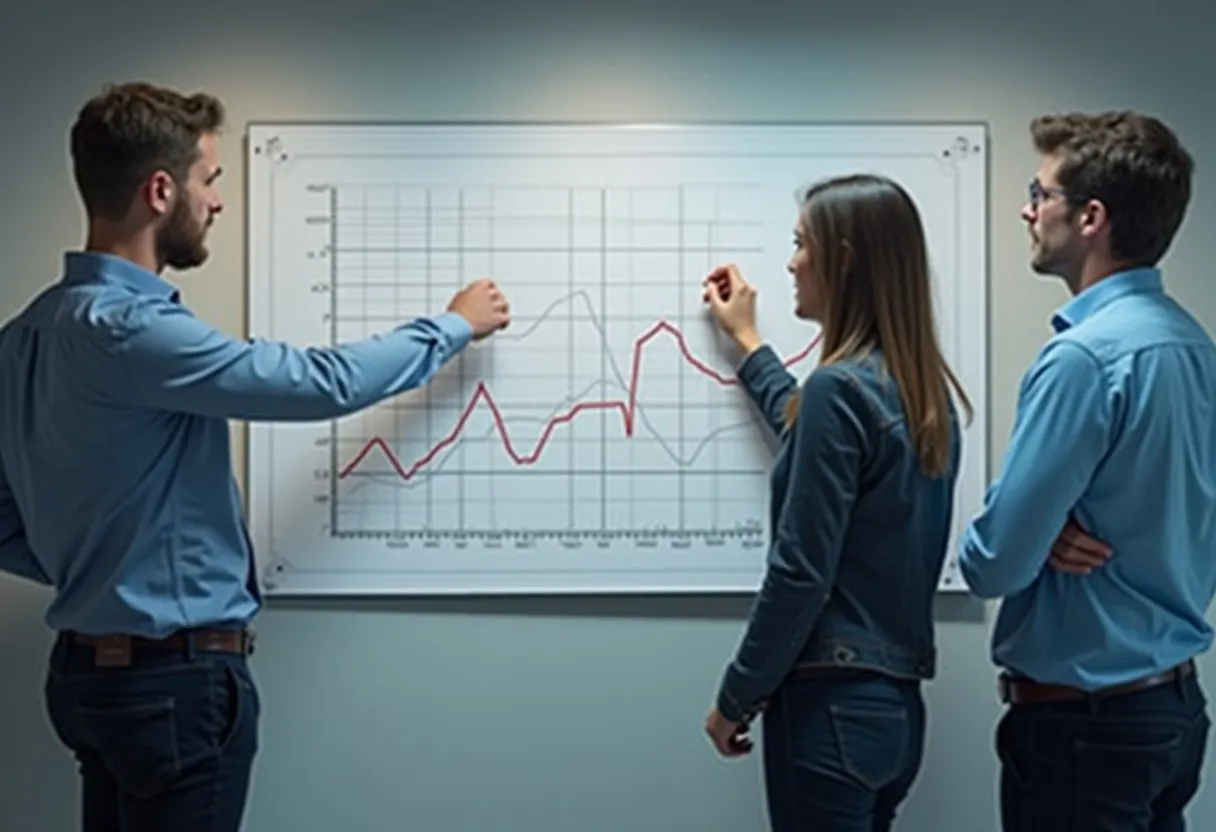 A finance operations team discussing a control chart pinned to a wall