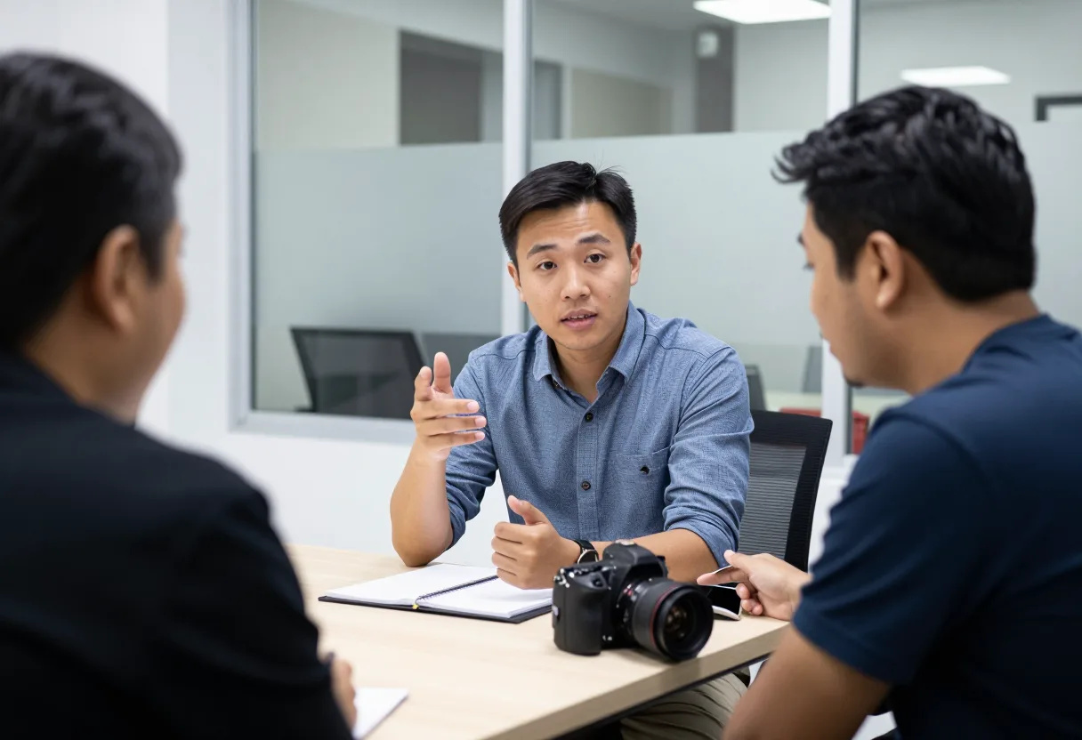 Manager and employee having a focused debrief conversation, the employee explaining an application example