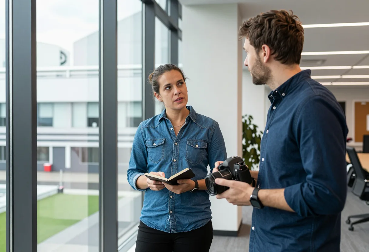 Two colleagues having an informal accountability check-in conversation in an office hallway