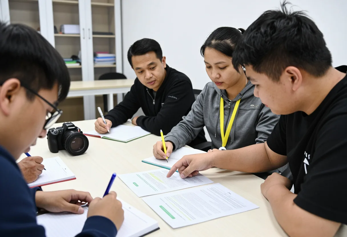 Four internal trainers reviewing printed training materials together and comparing notes