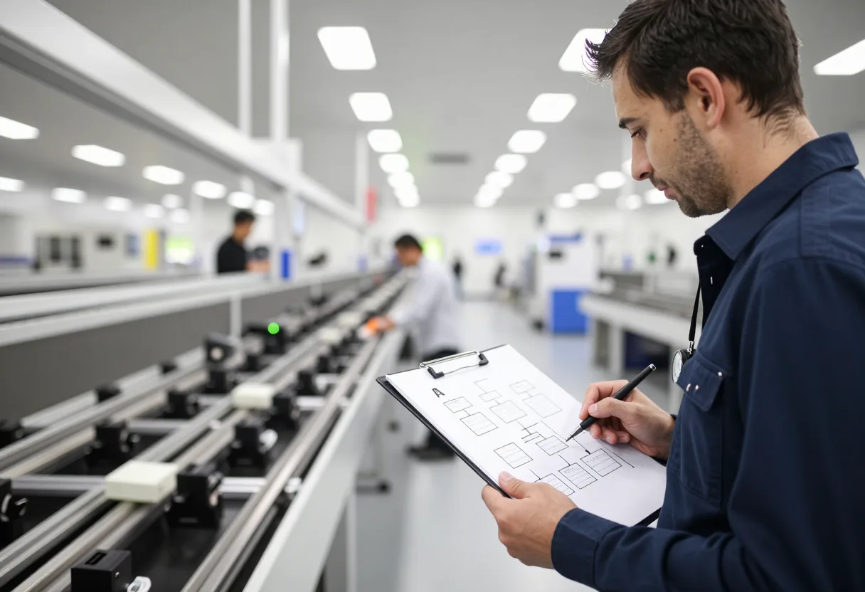 Engineer walking a production line with a clipboard, sketching process boxes and arrows while observing the process directly